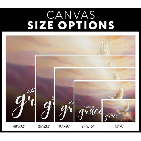Faith-based wall art canvas featuring a divine sunrise and dove alongside the powerful message "Saved by Grace," perfect for home decor / size options.