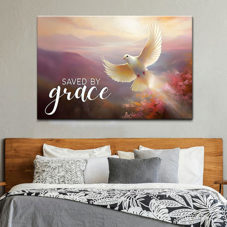 Christian wall art canvas featuring "Saved by Grace," depicting a divine sunrise and a dove, perfect for inspirational decor.