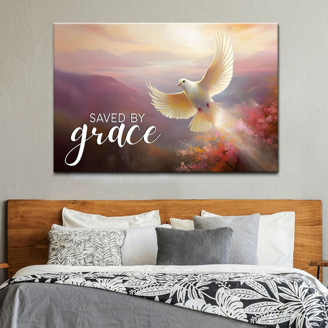 Christian wall art canvas featuring "Saved by Grace," depicting a divine sunrise and a dove, perfect for inspirational decor.
