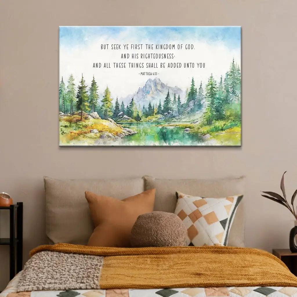 Bible verse wall art with "Seek first the Kingdom of God," Matthew 6:33, paired with a calming mountain lake scene.