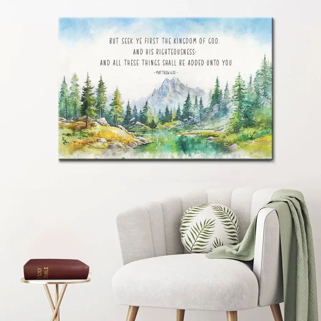 Faith-based decor featuring Matthew 6:33 KJV, a serene lake and greenery design, ideal for uplifting any Christian space.