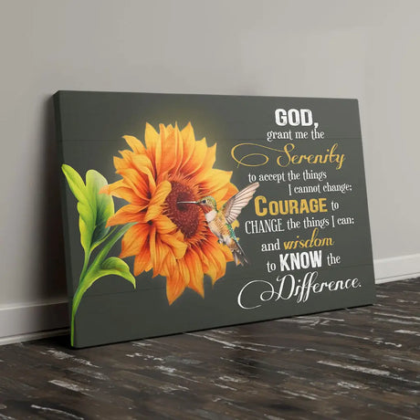 Serenity Prayer canvas with hummingbird and sunflower, inspirational Christian gift for encouragement.