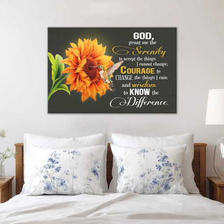 Faith-based wall art featuring Serenity Prayer, Bible-inspired gift with flowers for strength and comfort.
