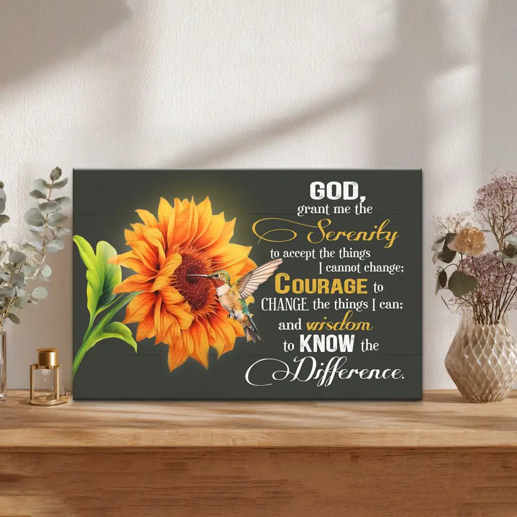 Christian canvas print with sunflower and hummingbird, Serenity Prayer gift for faith and healing.