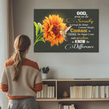 Christian wall art with Serenity Prayer, sunflower and hummingbird, faith-based gift for peace and hope.