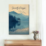Christian wall art with Serenity Prayer and mountain lake, faith-based gift for peace and encouragement.