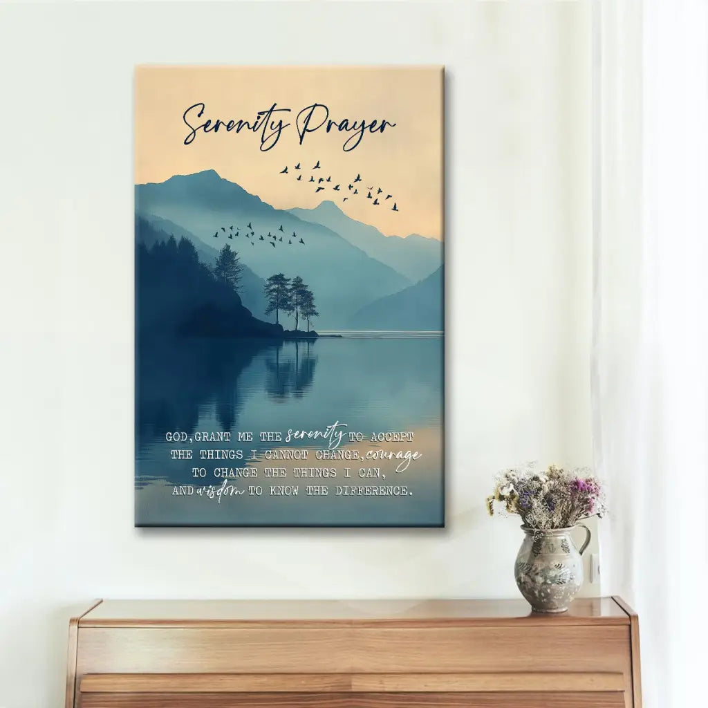 Christian wall art with Serenity Prayer and mountain lake, faith-based gift for peace and encouragement.