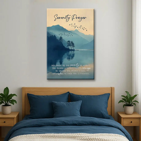 Christian mountain lake canvas with Serenity Prayer, perfect gift of faith for graduations or holidays.