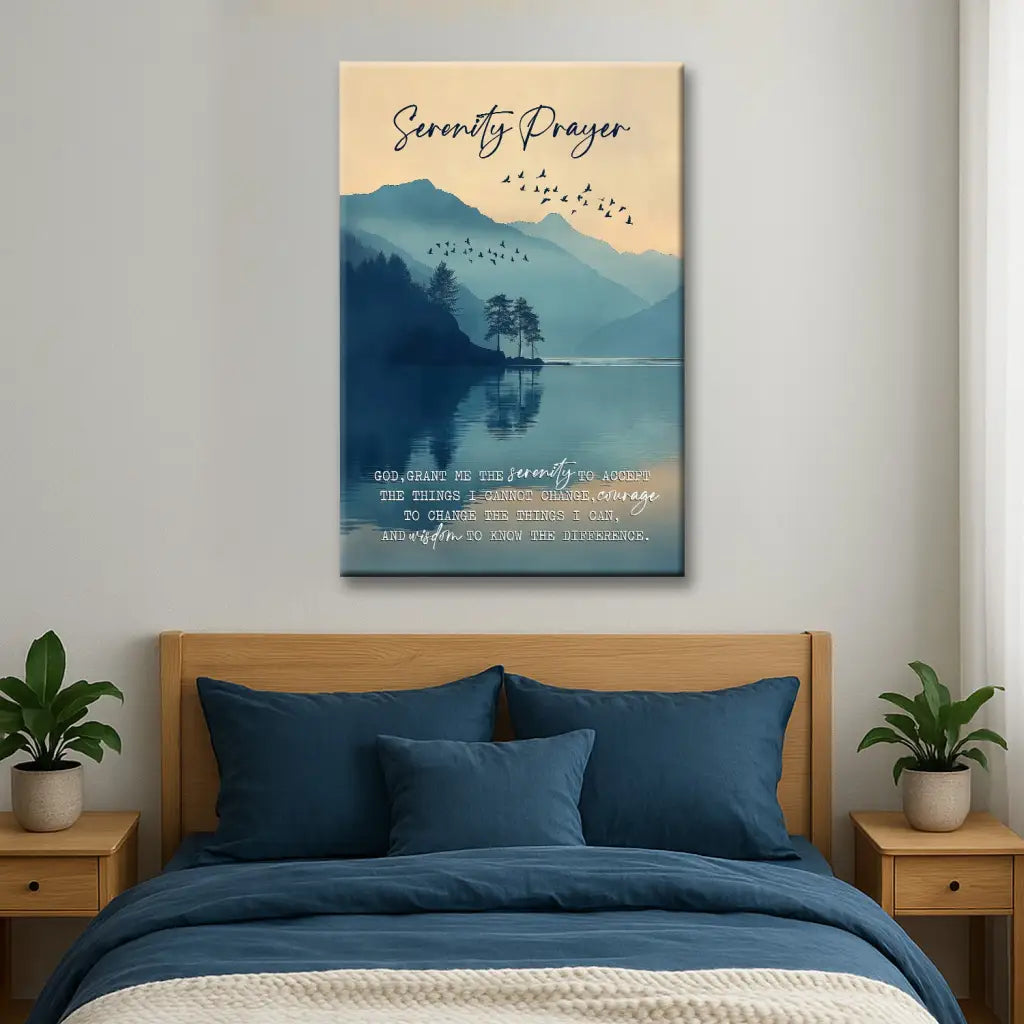 Christian mountain lake canvas with Serenity Prayer, perfect gift of faith for graduations or holidays.