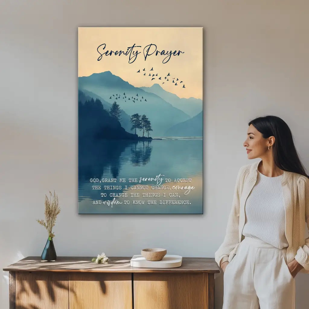 Serenity Prayer Christian Wall Art Canvas – Peaceful Mountain Lake Decor for Home