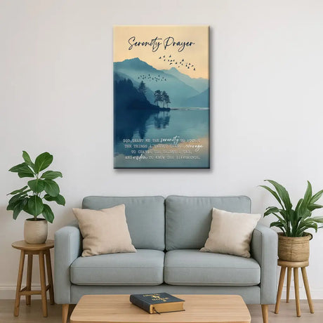 Serenity Prayer canvas, peaceful lake scene, inspirational Christian gift for birthdays or housewarmings.
