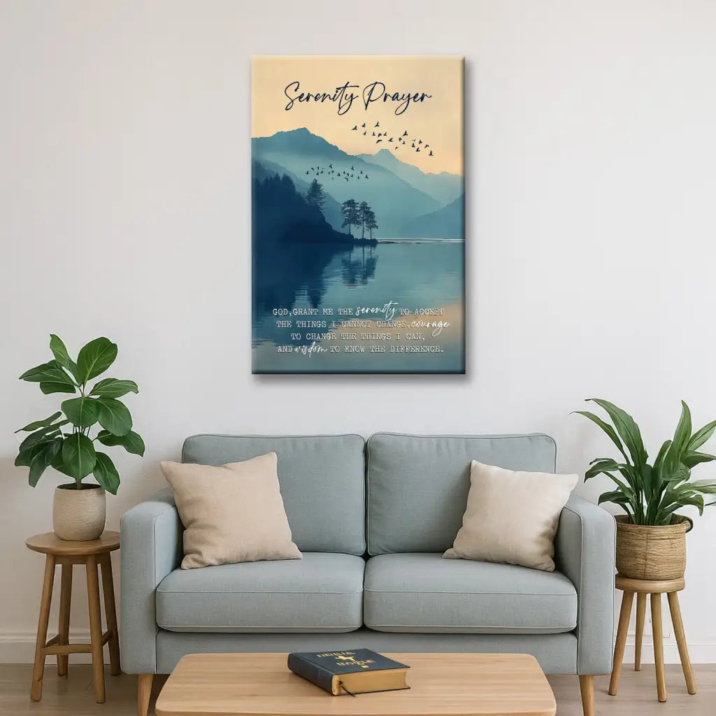 Serenity Prayer canvas, peaceful lake scene, inspirational Christian gift for birthdays or housewarmings.