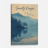 Inspirational Christian wall décor with Serenity Prayer, peaceful nature scene and scripture message.