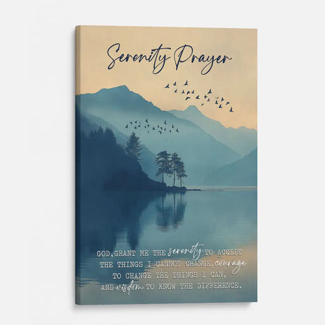 Inspirational Christian wall décor with Serenity Prayer, peaceful nature scene and scripture message.