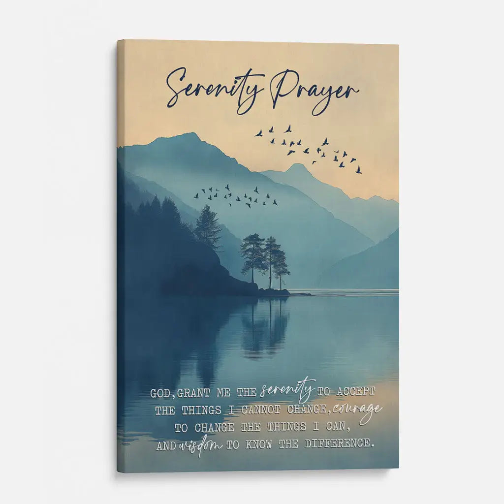 Inspirational Christian wall décor with Serenity Prayer, peaceful nature scene and scripture message.