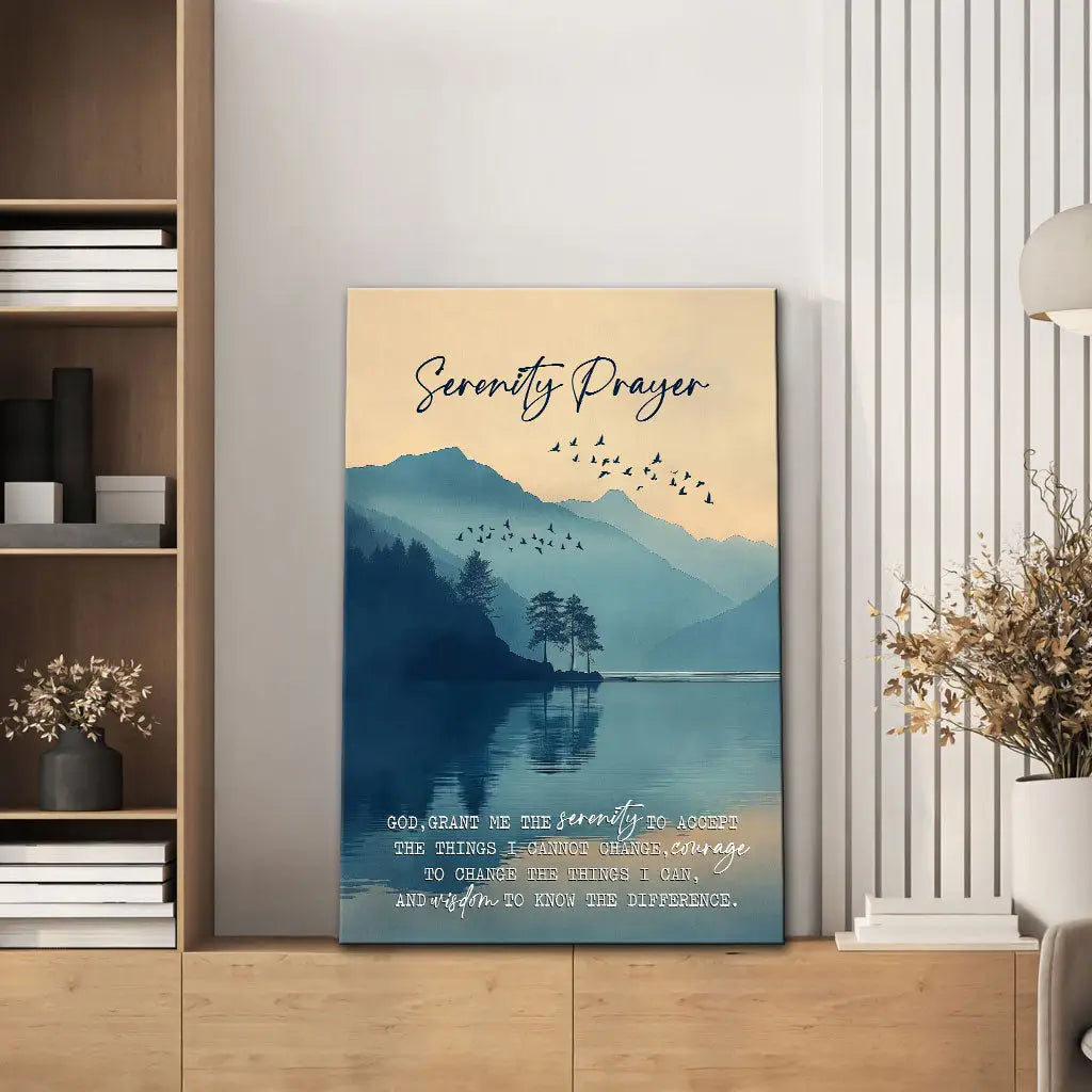 Faith-based wall art with Bible message and mountain lake, Christian décor for comfort and strength.