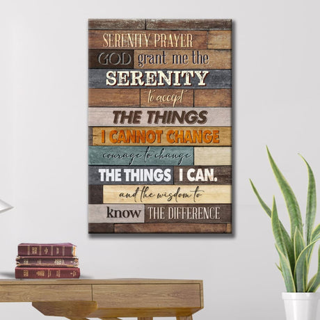 Christian wall art canvas featuring the Serenity Prayer, perfect for rustic home decor and faith-based inspiration.