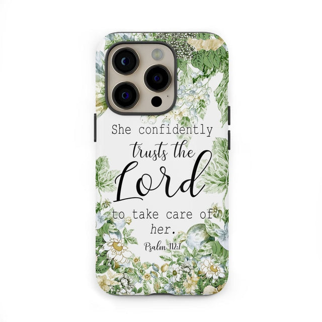 She confidently trusts the lord to take care of her Psalm 112:7 phone case