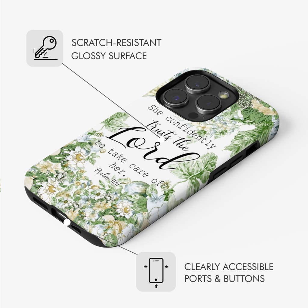 She confidently trusts the lord to take care of her Psalm 112:7 phone case