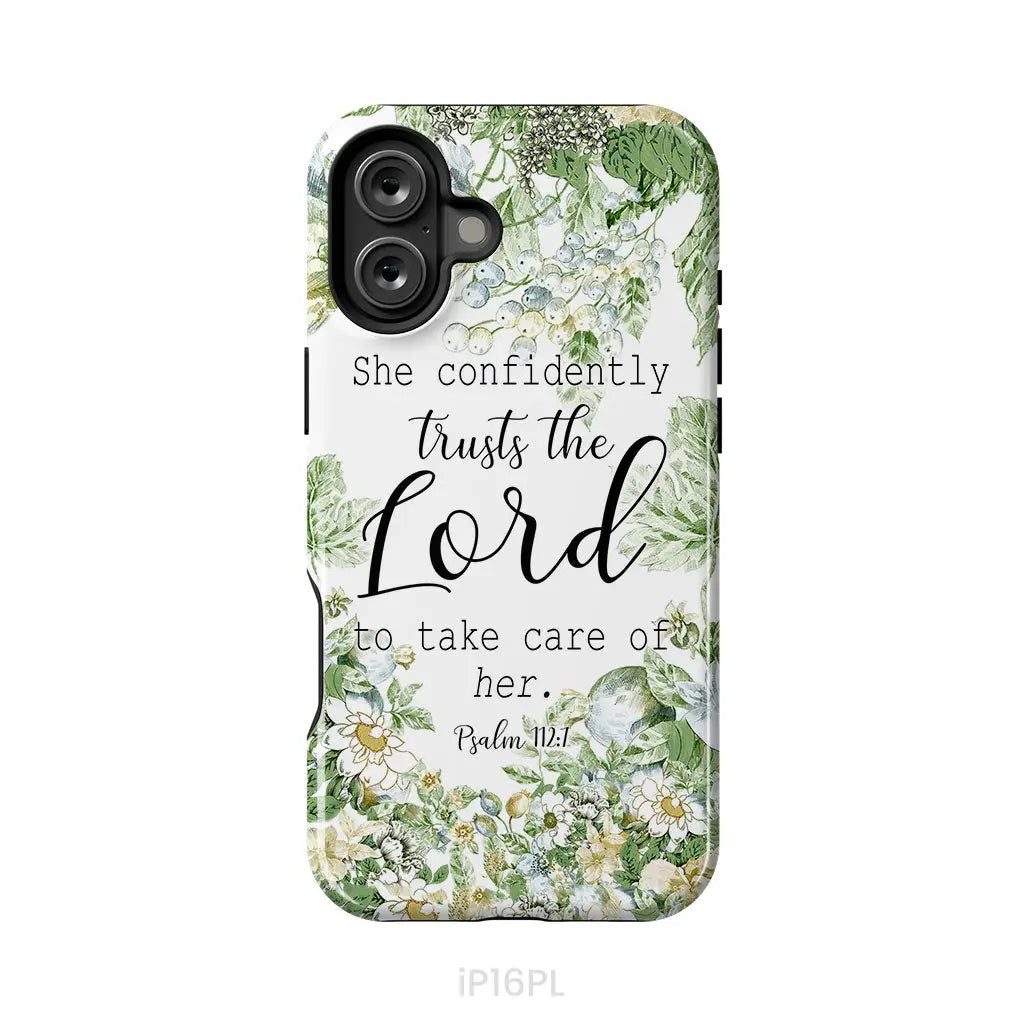 She confidently trusts the lord to take care of her Psalm 112:7 phone case iPhone 16 Plus / Tough Case