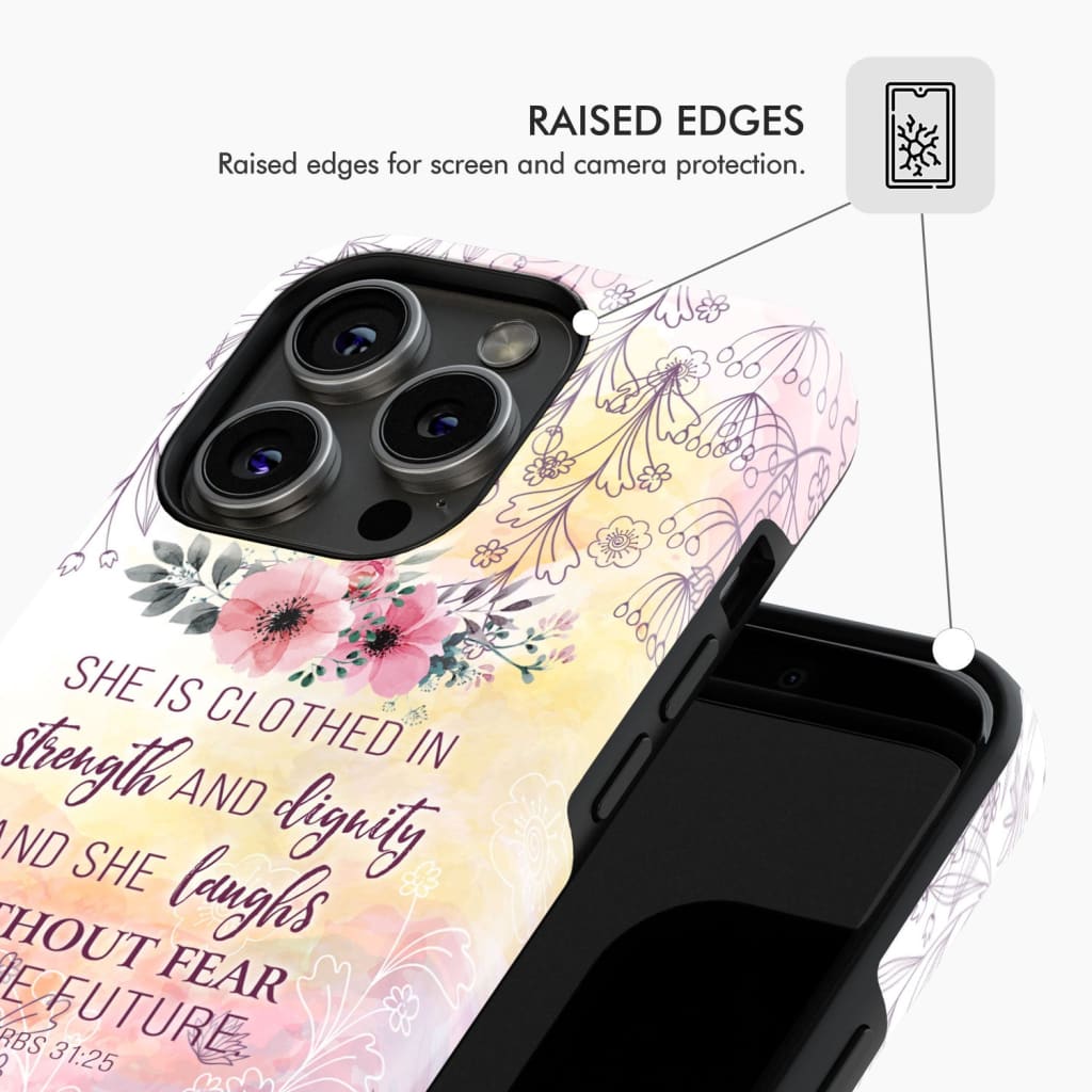She is clothed in strength and dignity Proverbs 31:25 Bible verse phone case