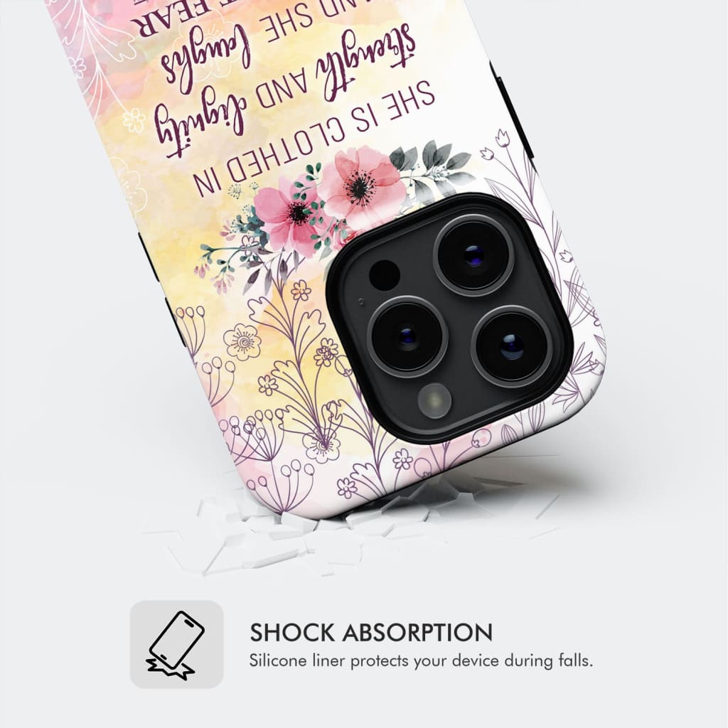 She is clothed in strength and dignity Proverbs 31:25 Bible verse phone case