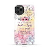 She is clothed in strength and dignity Proverbs 31:25 Bible verse phone case iPhone 11 Pro Max / Tough Case