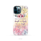 She is clothed in strength and dignity Proverbs 31:25 Bible verse phone case iPhone 12 Pro / Tough Case