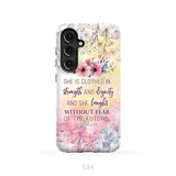She is clothed in strength and dignity Proverbs 31:25 Bible verse phone case Samsung Galaxy S24 / Tough Case