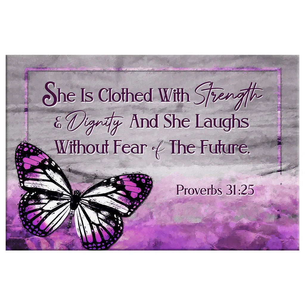 Rustic Christian wall decor with Proverbs 31:25, "She is clothed with strength and dignity," butterfly design, perfect Scripture art.