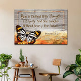 Bible verse wall art canvas featuring Proverbs 31:25, "She is clothed with strength and dignity," with butterfly art in brown, perfect Christian decor.
