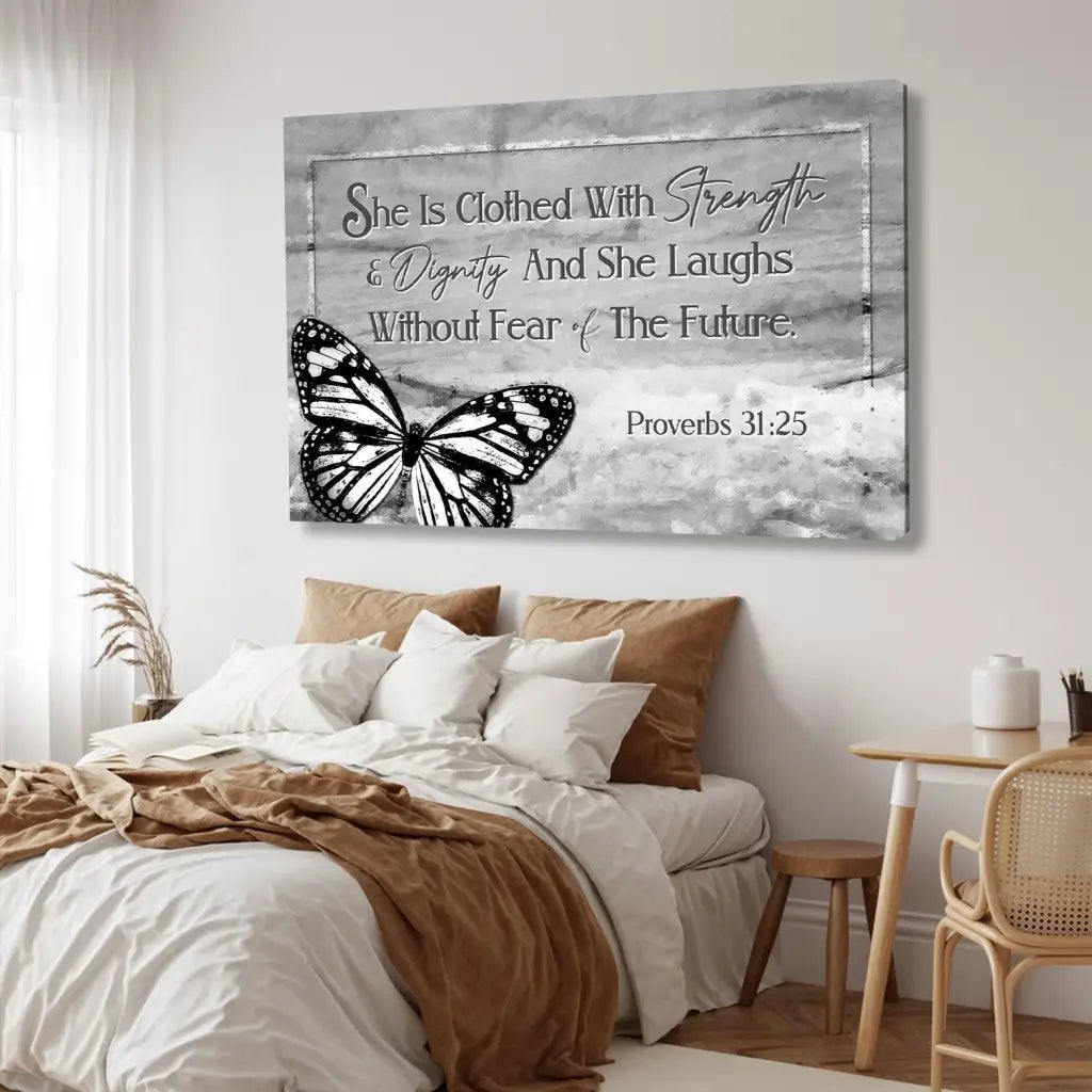 Scripture wall art featuring Proverbs 31:25, &quot;She is clothed with strength and dignity,&quot; in Gray tones with butterflies, perfect decor.