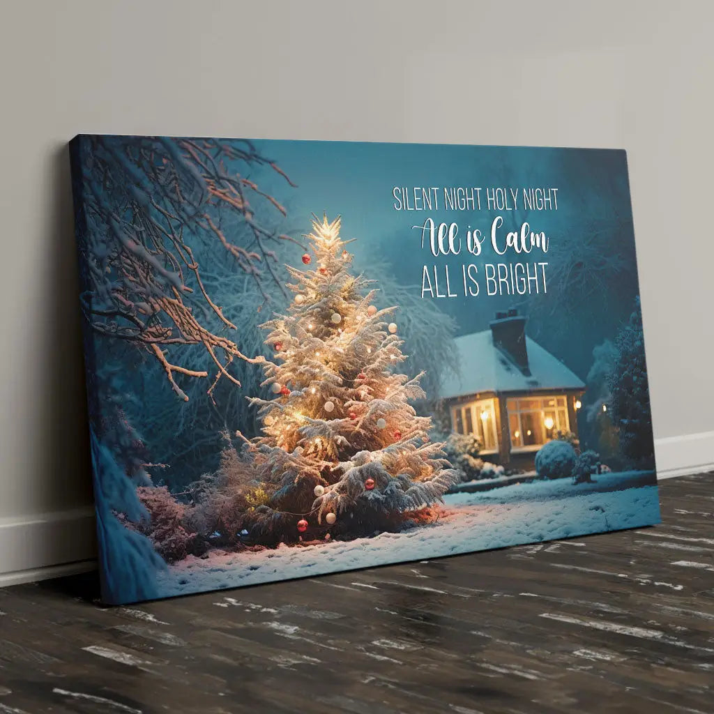 Christmas wall art with &quot;Silent Night Holy Night,&quot; glowing tree in snow, faith-based holiday decor.