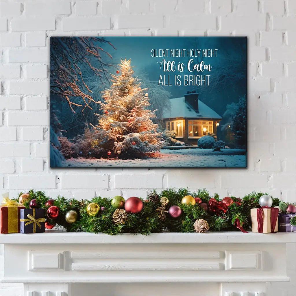 Glowing Christmas tree in snow with &quot;Silent Night Holy Night,&quot; festive Christian wall decor.