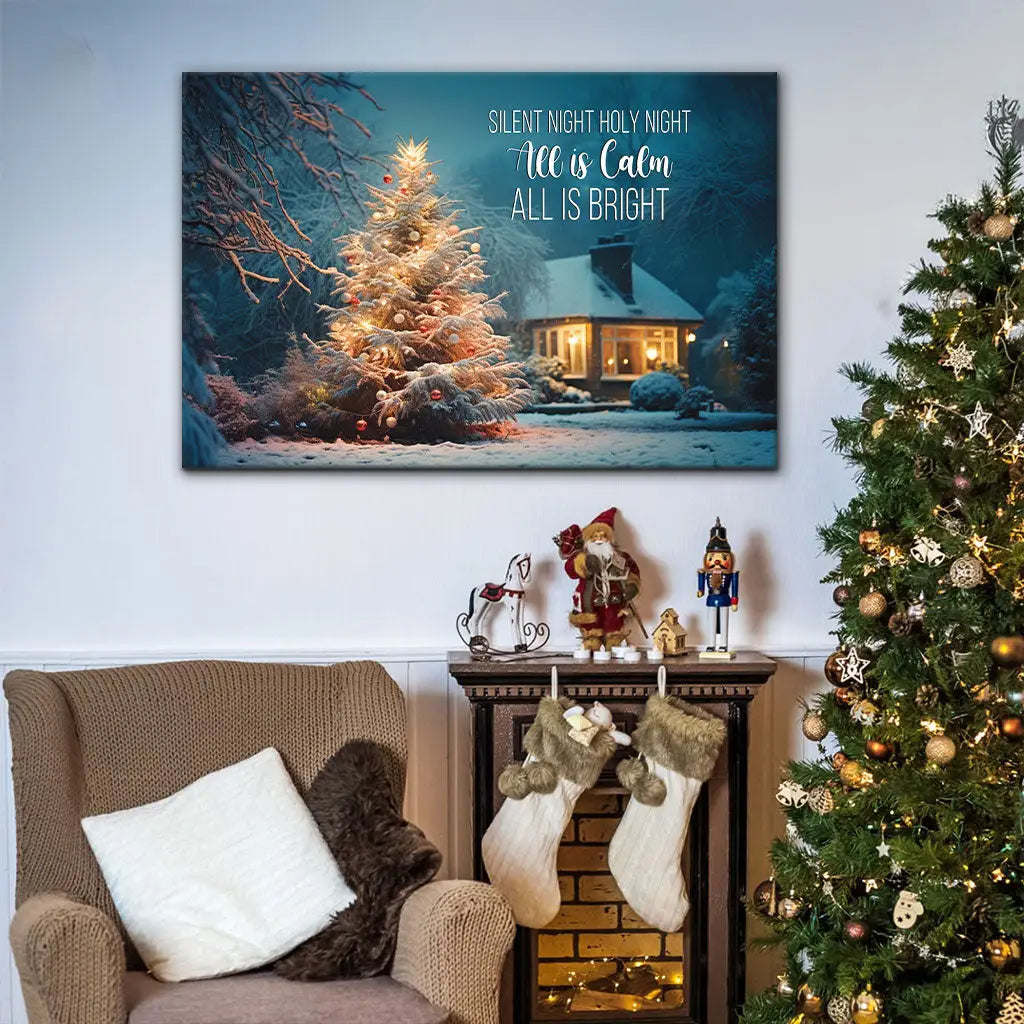 "Silent Night Holy Night" wall art with a glowing Christmas tree in a snowy yard, Christian Christmas decor.