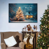 "Silent Night Holy Night" wall art with a glowing Christmas tree in a snowy yard, Christian Christmas decor.