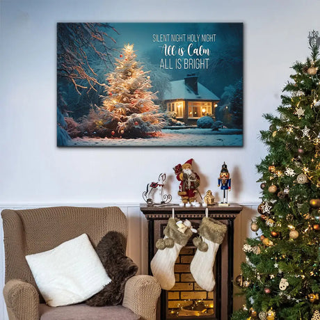 "Silent Night Holy Night" wall art with a glowing Christmas tree in a snowy yard, Christian Christmas decor.