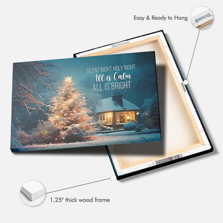 "Silent Night Holy Night" Christmas wall art, peaceful tree in snowy scene, faith-based holiday gift.