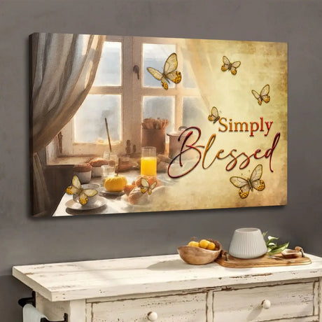 Christian wall art with "Simply Blessed," featuring a butterfly and window design, perfect for inspirational home decor.