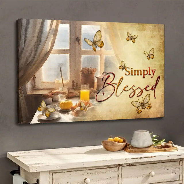 Christian wall art with "Simply Blessed," featuring a butterfly and window design, perfect for inspirational home decor.