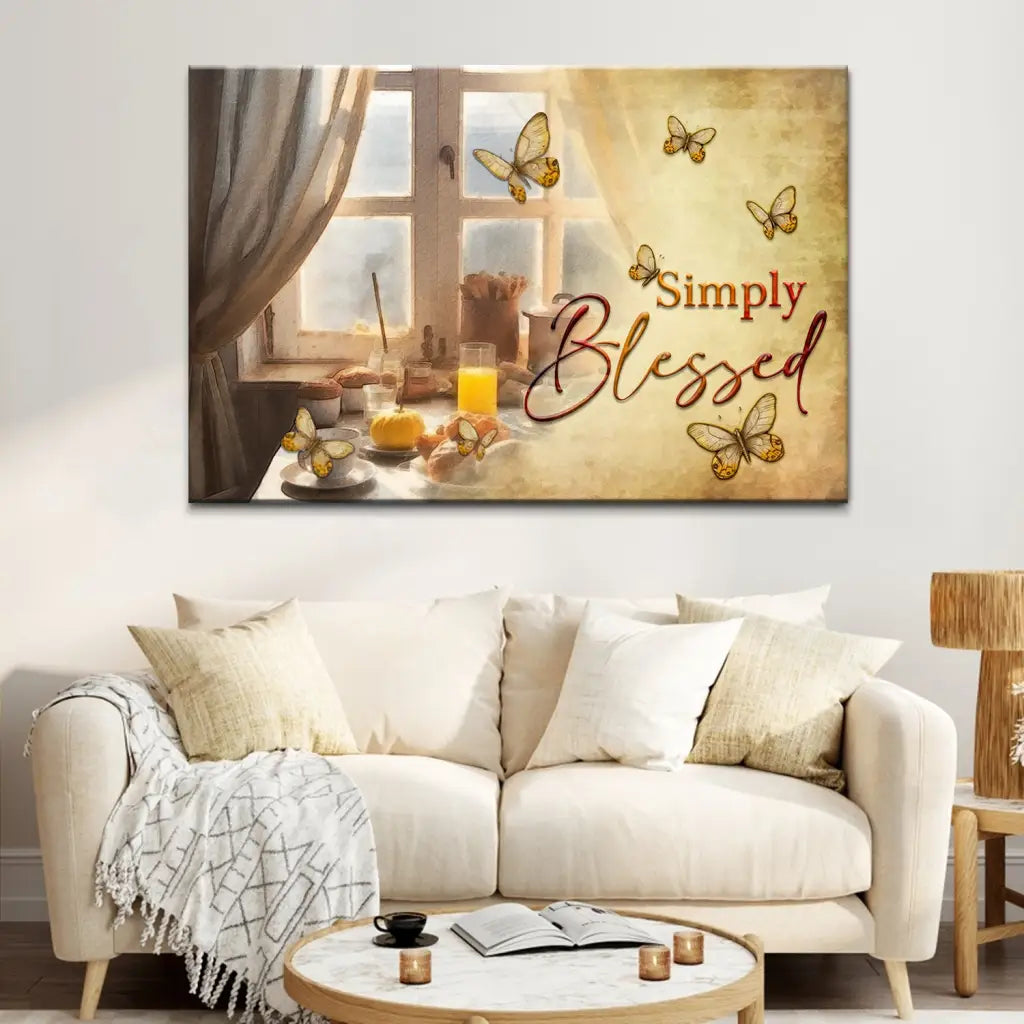 Inspirational canvas with "Simply Blessed," adorned with butterflies and a serene window view, ideal for Christian homes.
