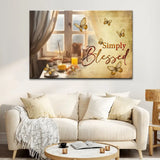 Inspirational canvas with "Simply Blessed," adorned with butterflies and a serene window view, ideal for Christian homes.