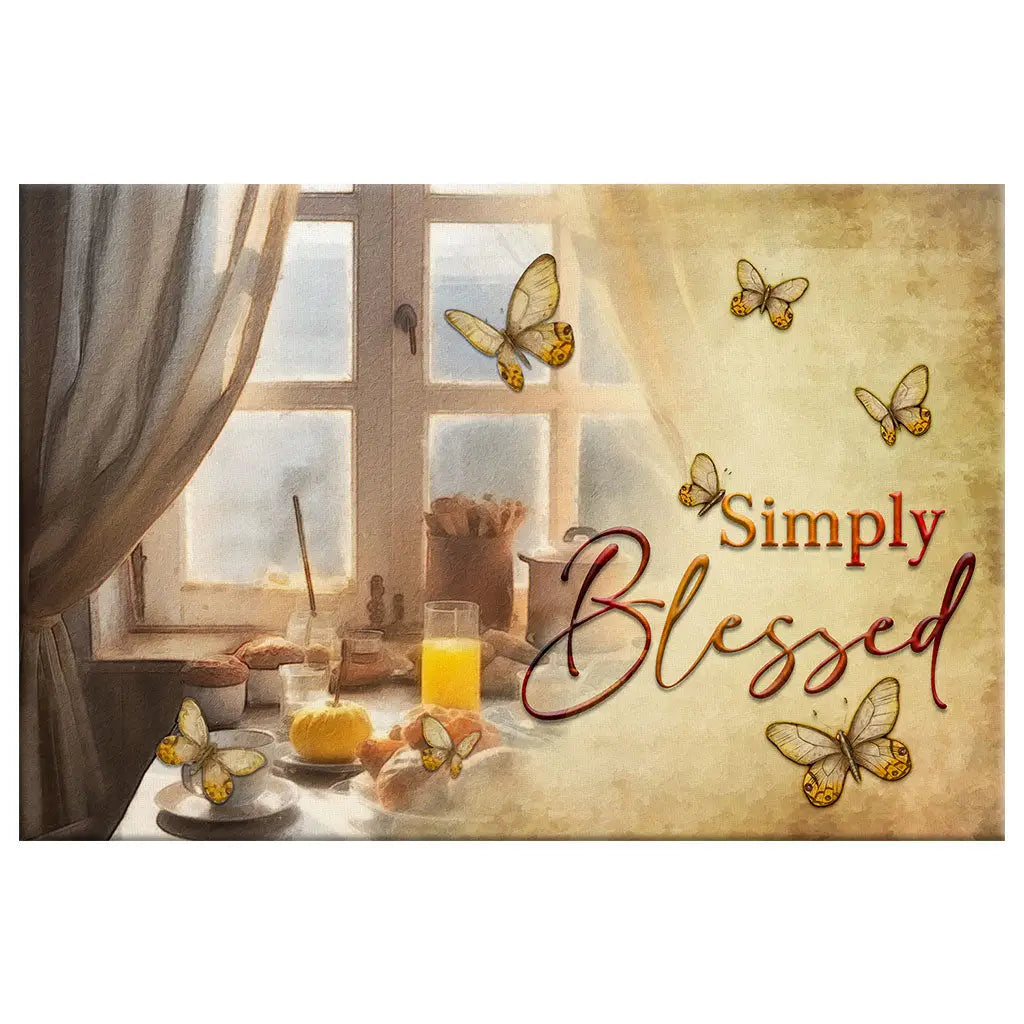 Christian home decor featuring "Simply Blessed," complemented by a butterfly and window scene for a peaceful atmosphere.