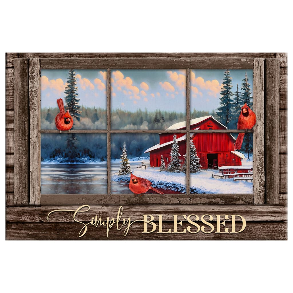 Rustic Christmas wall art canvas with red cardinals and &quot;Simply Blessed,&quot; perfect for faith-filled farmhouse Christmas decor.