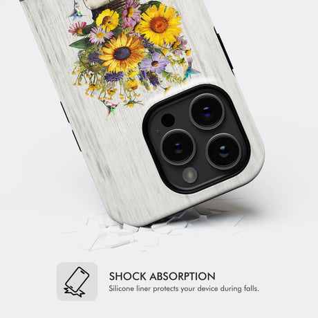 Faith-based phone case with "Simply Blessed" and a floral design with hummingbirds, ideal for religious gifts.