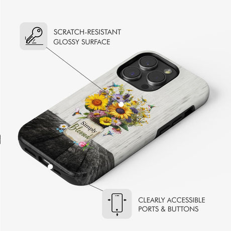 Phone case showing "Simply Blessed" with hummingbirds and a flower vase, great for faith-filled daily use.