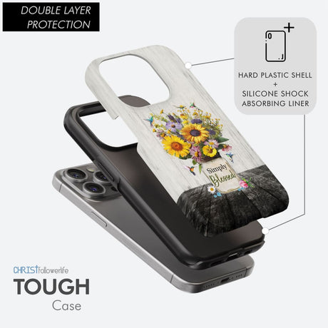 Inspirational phone case featuring "Simply Blessed" with hummingbirds and flowers, perfect for Christian encouragement.