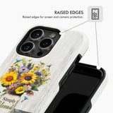Custom phone case with "Simply Blessed," hummingbirds, and flowers in a vase, perfect for Christian inspiration.