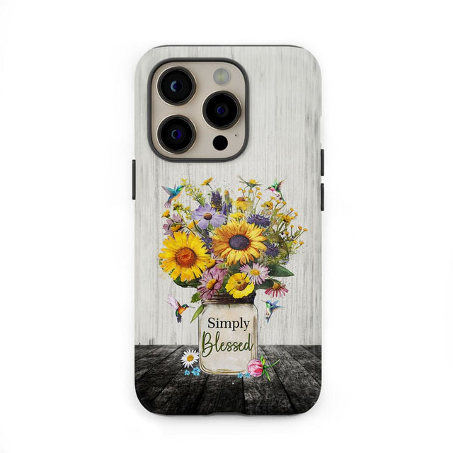 Christian phone case with "Simply Blessed" and a vase of hummingbirds and flowers, ideal for faith-based gifts.