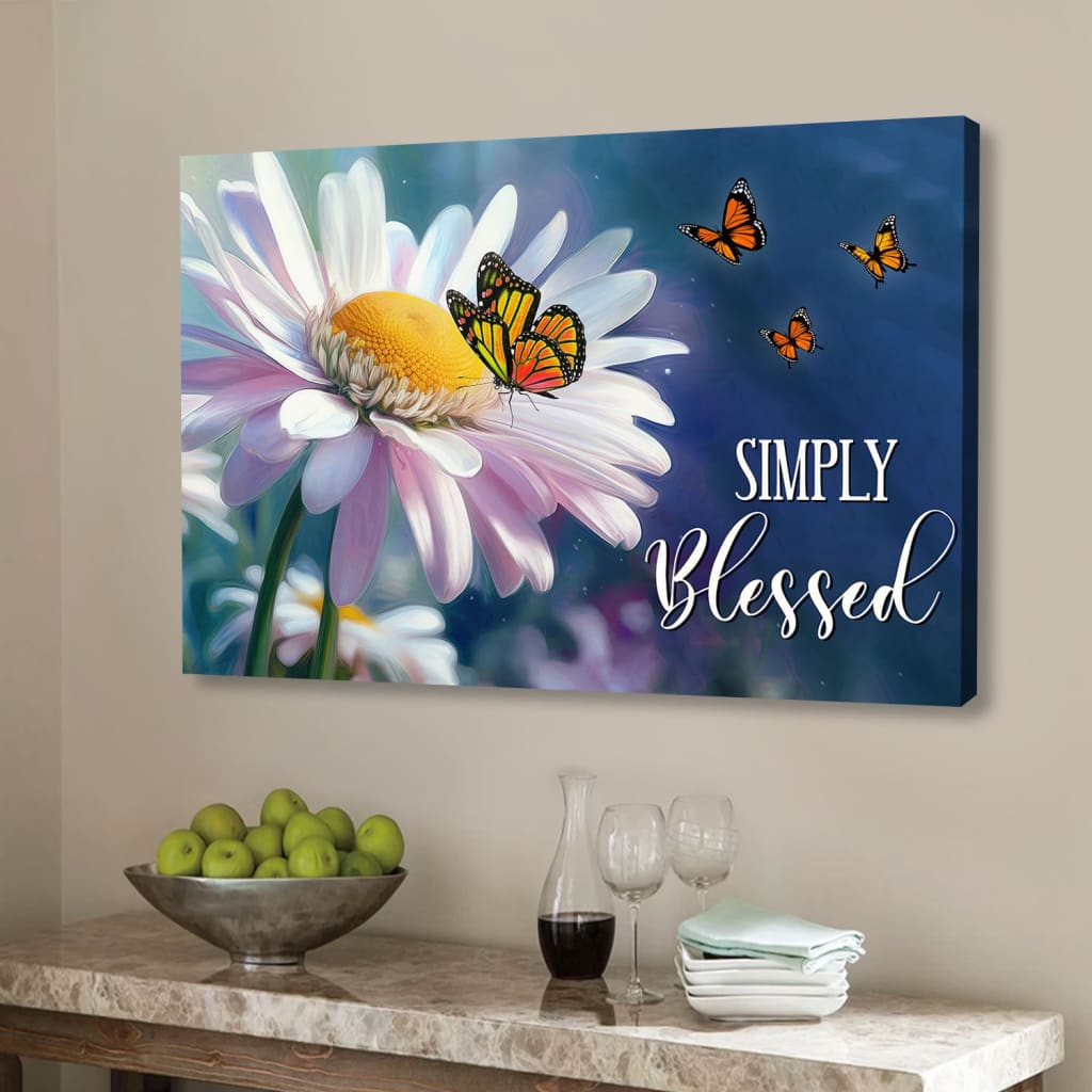 Simply Blessed Monarch Butterfly And Daisy Flower Wall Art Canvas